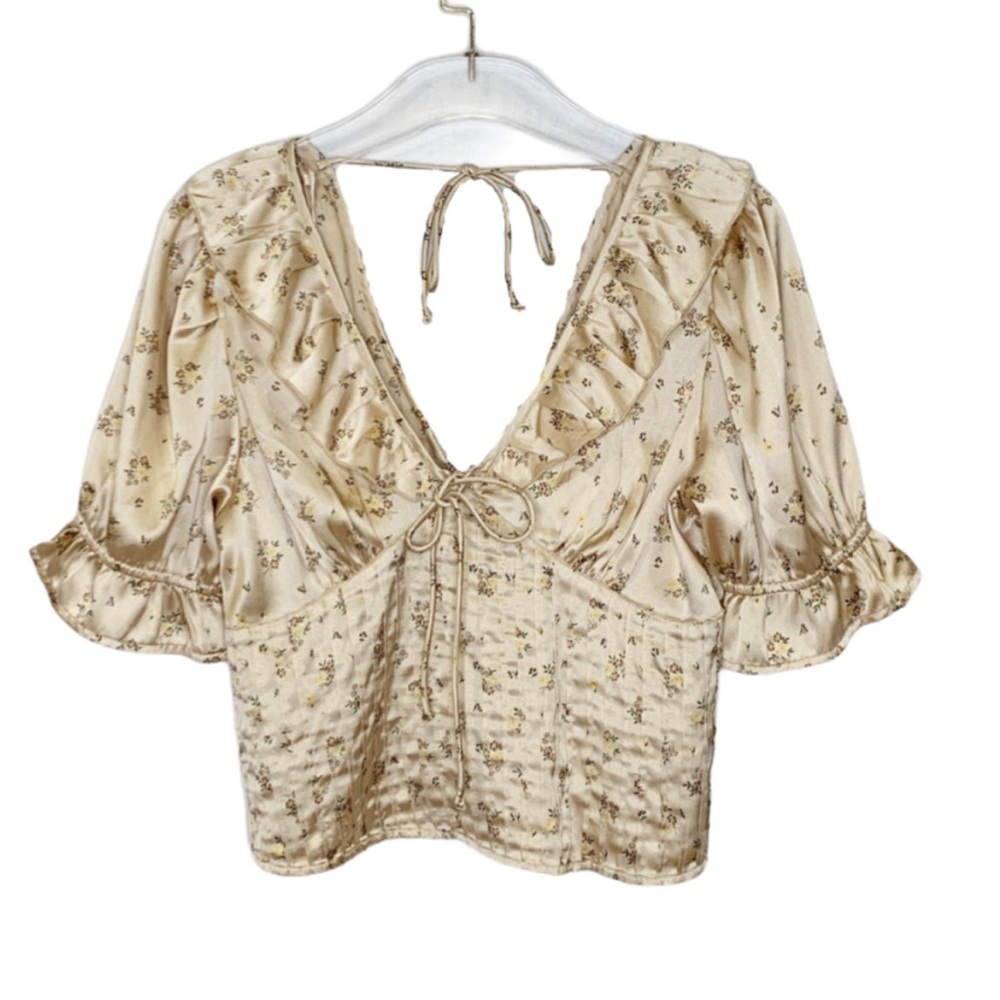 Free People Ruffle V Neck  Satin Floral Crop Top